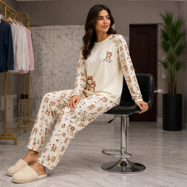 Women's Premium Cream Teddy Bear Print  Night Suit Set