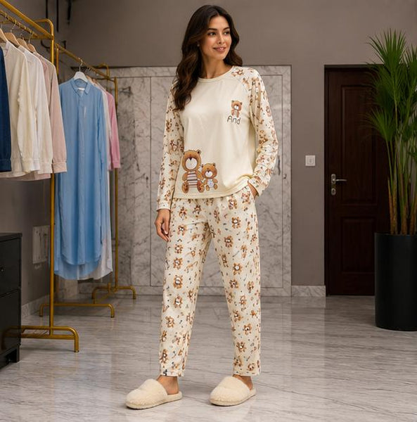 Women's Premium Cream Teddy Bear Print  Night Suit Set