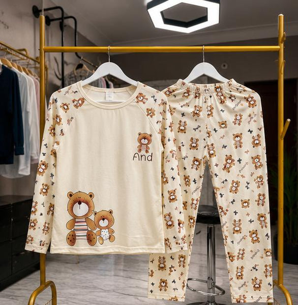 Women's Premium Cream Teddy Bear Print  Night Suit Set