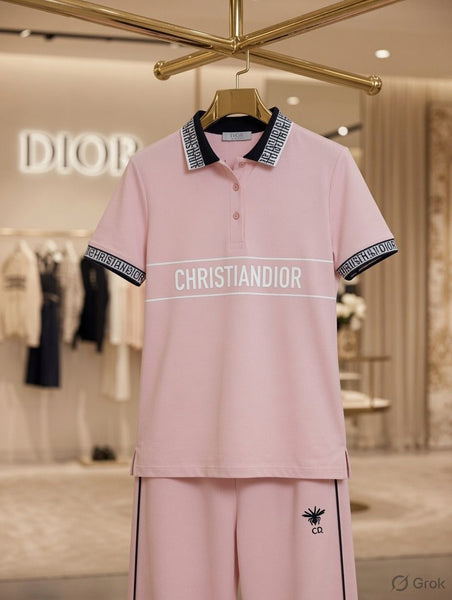 Women's Designer Pink Polo Top with Straight-Fit Track Pants