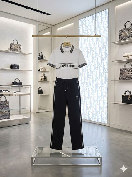 Women's Premium White Polo T-Shirt & Black Track Pant Co-Ord Set