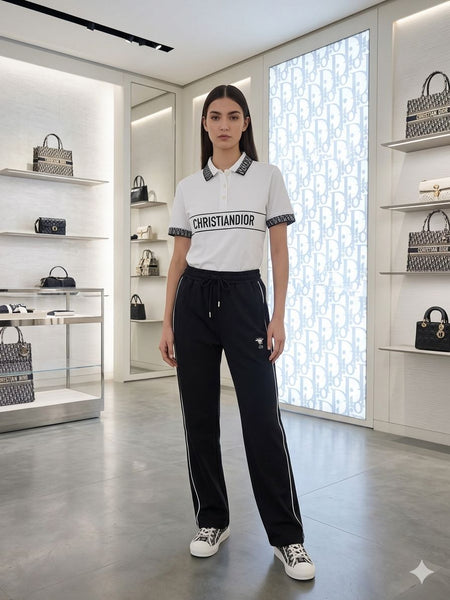 Women's Premium White Polo T-Shirt & Black Track Pant Co-Ord Set