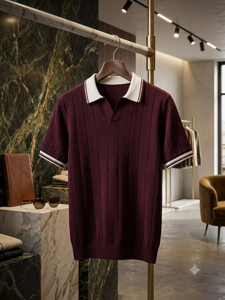 Men's Premium Textured Knit Polo T-Shirt with Contrast Collar