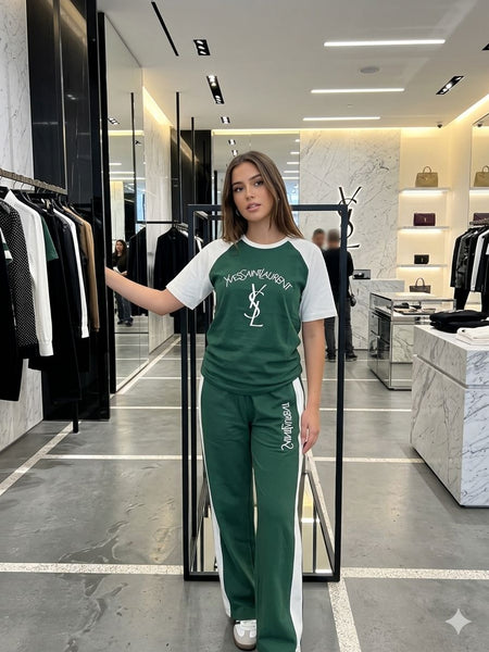 Women's Premium Green & White Casual Co-Ord Set | Half Sleeve T-Shirt with Regular Fit Track Pants
