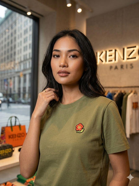 Women's Premium Olive Green  T-Shirt – Floral Logo Casual Crew Neck