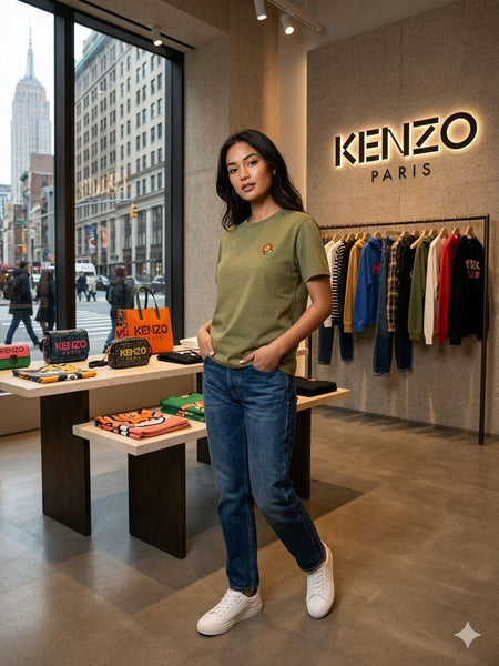 Women's Premium Olive Green  T-Shirt – Floral Logo Casual Crew Neck