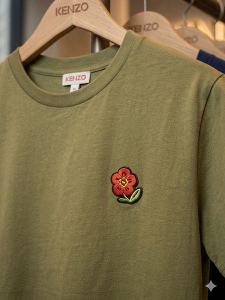 Women's Premium Olive Green  T-Shirt – Floral Logo Casual Crew Neck