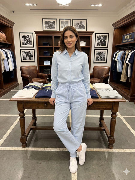 Premium Women's Sky Blue Co-Ord Outfit | Full Sleeve Shirt with Drawstring Pants