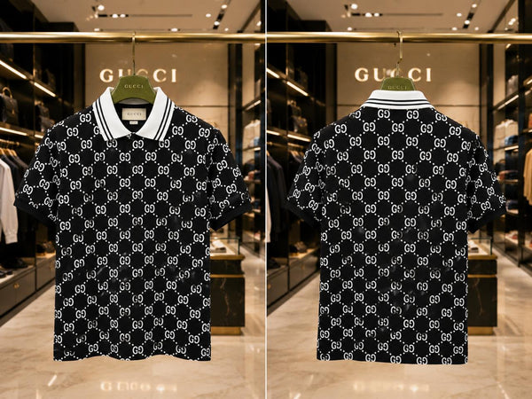 Men's Premium Black Printed Polo T-Shirt  All-Over Monogram Design Soft & Breathable Casual Wear