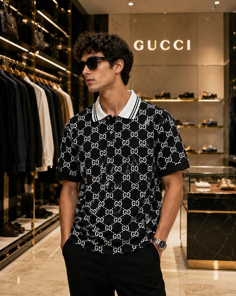 Men's Premium Black Printed Polo T-Shirt  All-Over Monogram Design Soft & Breathable Casual Wear
