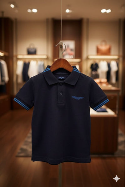 Kids Navy Blue Premium Polo T-Shirt with Contrast Stripe Collar & Sleeves