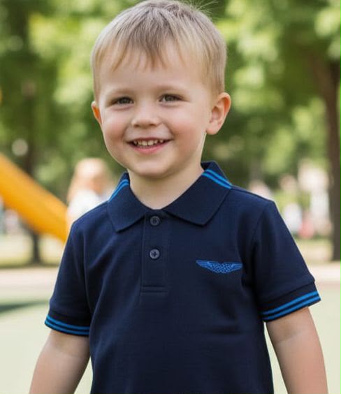 Kids Navy Blue Premium Polo T-Shirt with Contrast Stripe Collar & Sleeves