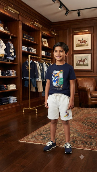 Kids Navy Blue Graphic Printed T-Shirt with White Shorts Co-ord Set