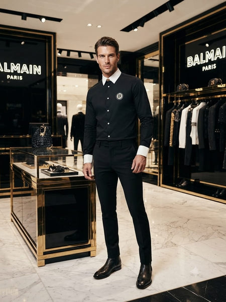 Premium Black Full Sleeve Shirt with White Contrast Collar & Cuffs