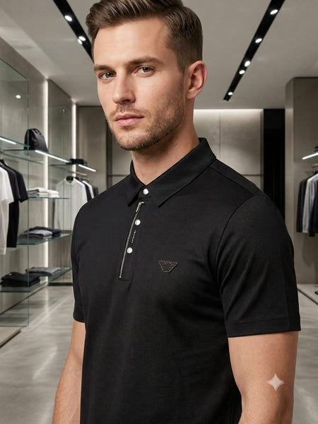 Men's Elegant Steel Blue Polo Neck T-Shirt Premium Knit Texture