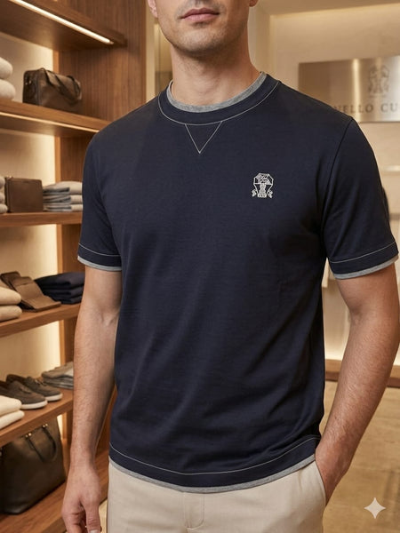 Men's Premium Navy Blue Contrast Trim Crew Neck T-Shirt | Half Sleeve Tee