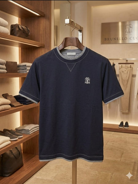 Men's Premium Navy Blue Contrast Trim Crew Neck T-Shirt | Half Sleeve Tee