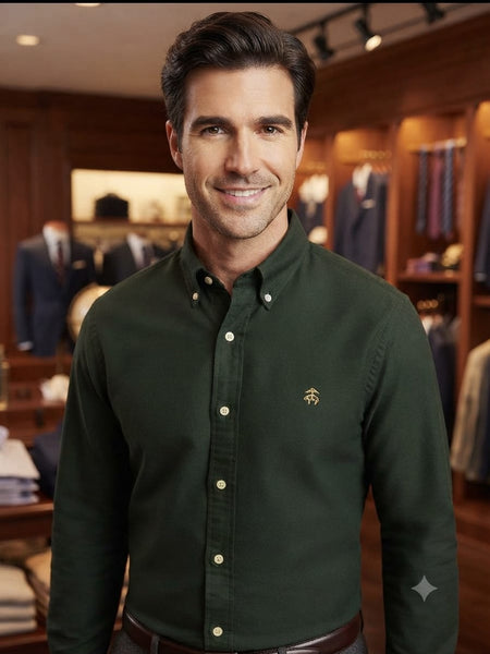 Premium Men's Dark Green Button-Down Shirt  Classic Regular Fit for Smart Casual Wear