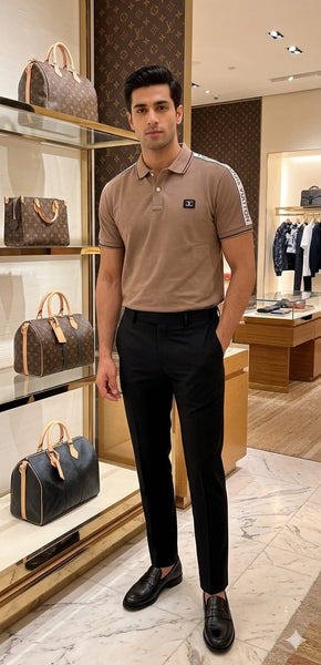 Premium Men's Taupe Contrast Tape Polo T-Shirt – Soft  Regular Fit Smart Casual Wear