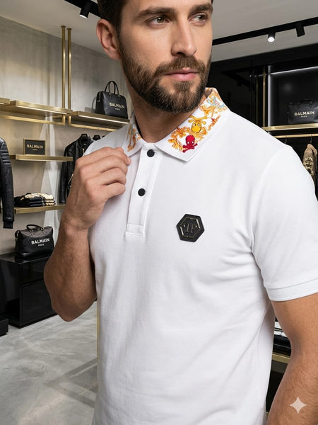 Premium Men's White Polo T-Shirt with Embroidered Collar Design