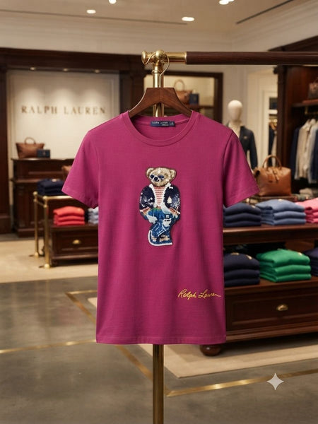 Premium Women's Magenta Teddy Bear Embroidered  T-Shirt