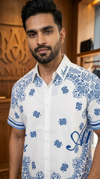 Premium Men's White & Blue Paisley Print Half Sleeve Shirt Stylish Casual Button-Down Shirt