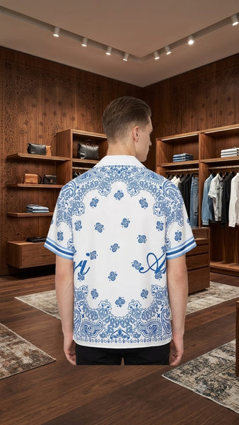 Premium Men's White & Blue Paisley Print Half Sleeve Shirt Stylish Casual Button-Down Shirt