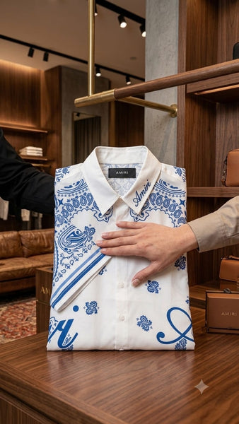 Premium Men's White & Blue Paisley Print Half Sleeve Shirt Stylish Casual Button-Down Shirt