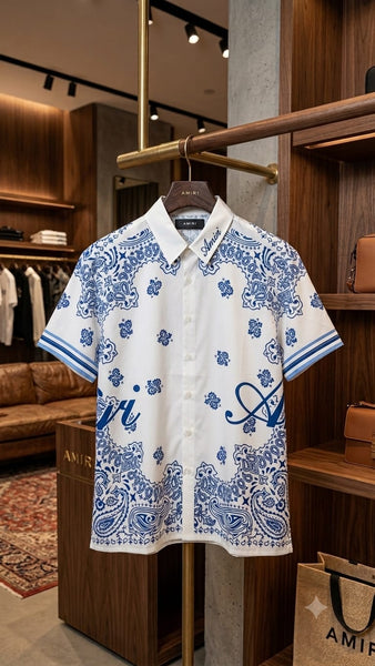 Premium Men's White & Blue Paisley Print Half Sleeve Shirt Stylish Casual Button-Down Shirt