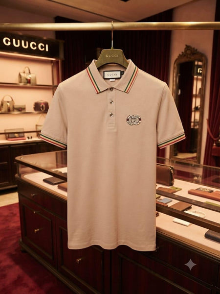 Men’s Premium Beige Polo T-Shirt with Signature Logo & Striped Collar