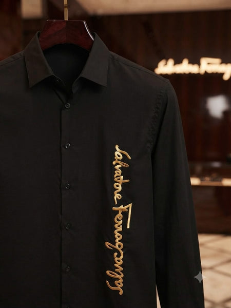 Men’s Black Full-Sleeve Shirt with Stylish Golden Embroidered Logo