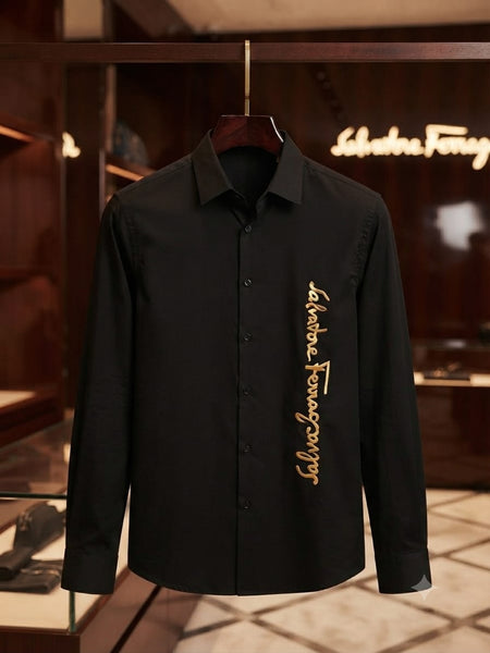 Men’s Black Full-Sleeve Shirt with Stylish Golden Embroidered Logo