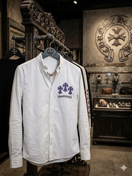 Men's Premium White Embroidered Button-Down Shirt with Gothic Cross Design