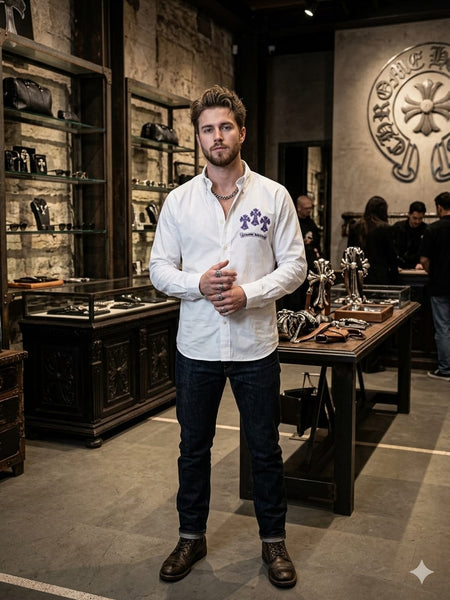 Men's Premium White Embroidered Button-Down Shirt with Gothic Cross Design