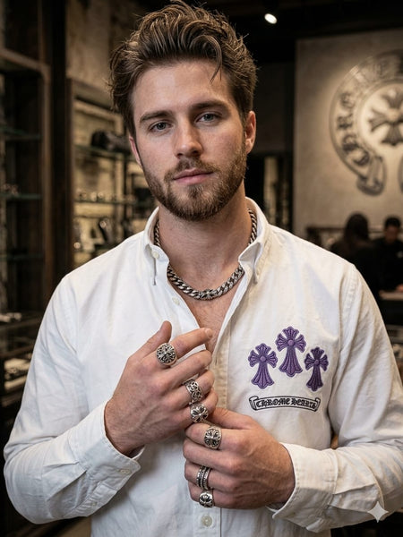 Men's Premium White Embroidered Button-Down Shirt with Gothic Cross Design