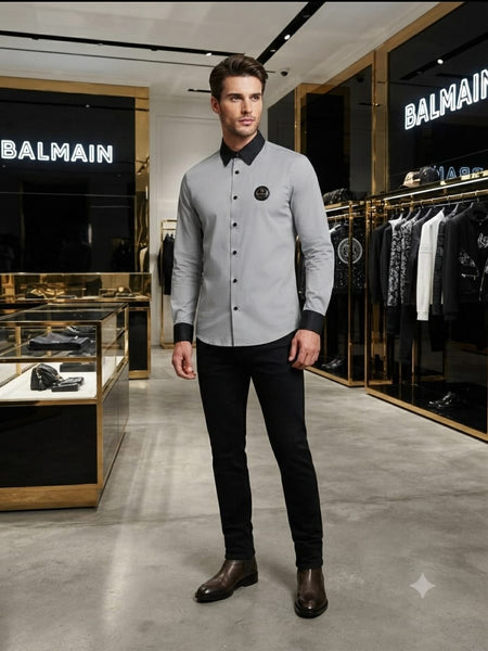 Men's Premium Light Grey Full Sleeve Formal Shirt | Contrast Black Collar |