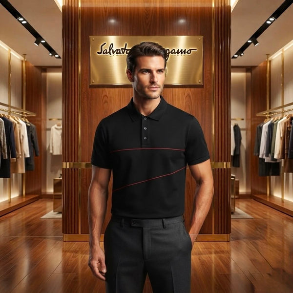 Men's Premium Black Polo T-Shirt Regular Fit Casual Polo with Modern Stripe Design