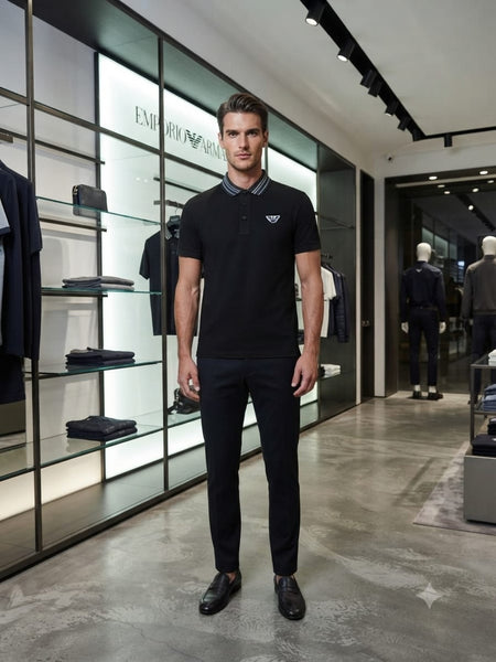 Men's Premium Black Polo T-Shirt Regular Fit Polo with Contrast Collar & Embroidered Logo