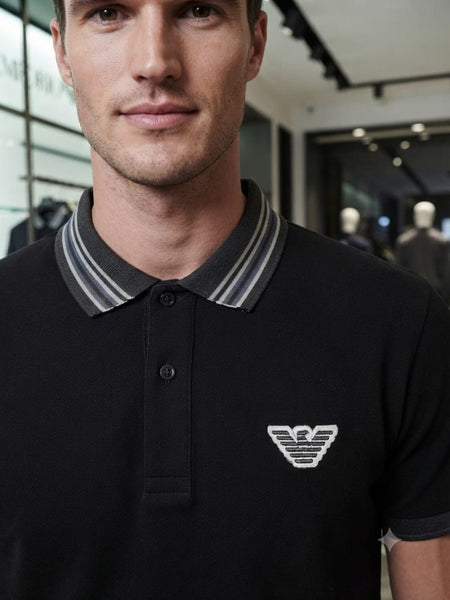 Men's Premium Black Polo T-Shirt Regular Fit Polo with Contrast Collar & Embroidered Logo
