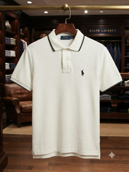 Men Premium White Polo T-Shirt Regular Fit  Polo with Contrast Trim Collar