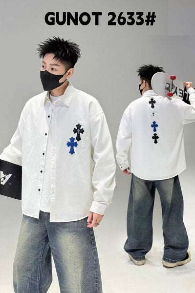 Men's Oversized White Cross Patch Casual Shir