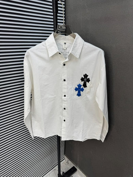 Men's Oversized White Cross Patch Casual Shir