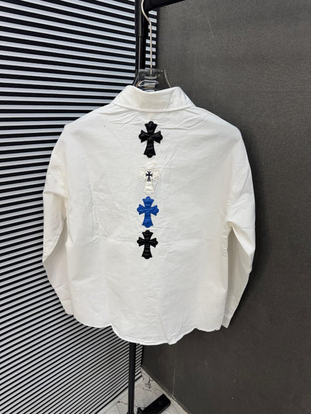 Men's Oversized White Cross Patch Casual Shir