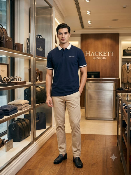 Men Premium Navy Blue Polo T-Shirt with Contrast Collar & Sleeve Detail