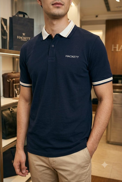 Men Premium Navy Blue Polo T-Shirt with Contrast Collar & Sleeve Detail