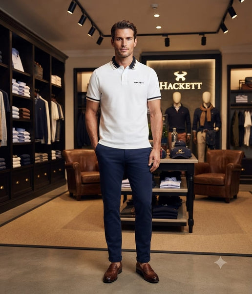 Men Premium White Polo T-Shirt with Contrast Collar & Sleeve Design