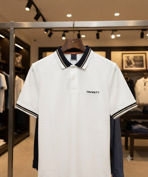 Men Premium White Polo T-Shirt with Contrast Collar & Sleeve Design