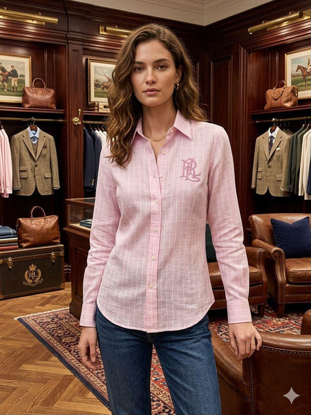 Women Premium Pink Check Shirt  Elegant Casual Wear with Classic Embroidery Design