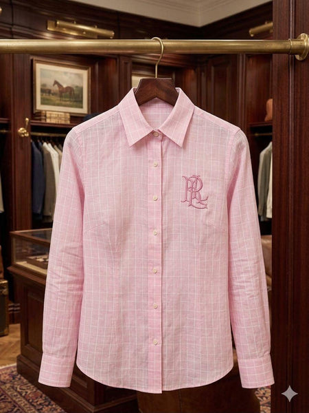 Women Premium Pink Check Shirt  Elegant Casual Wear with Classic Embroidery Design