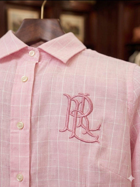 Women Premium Pink Check Shirt  Elegant Casual Wear with Classic Embroidery Design